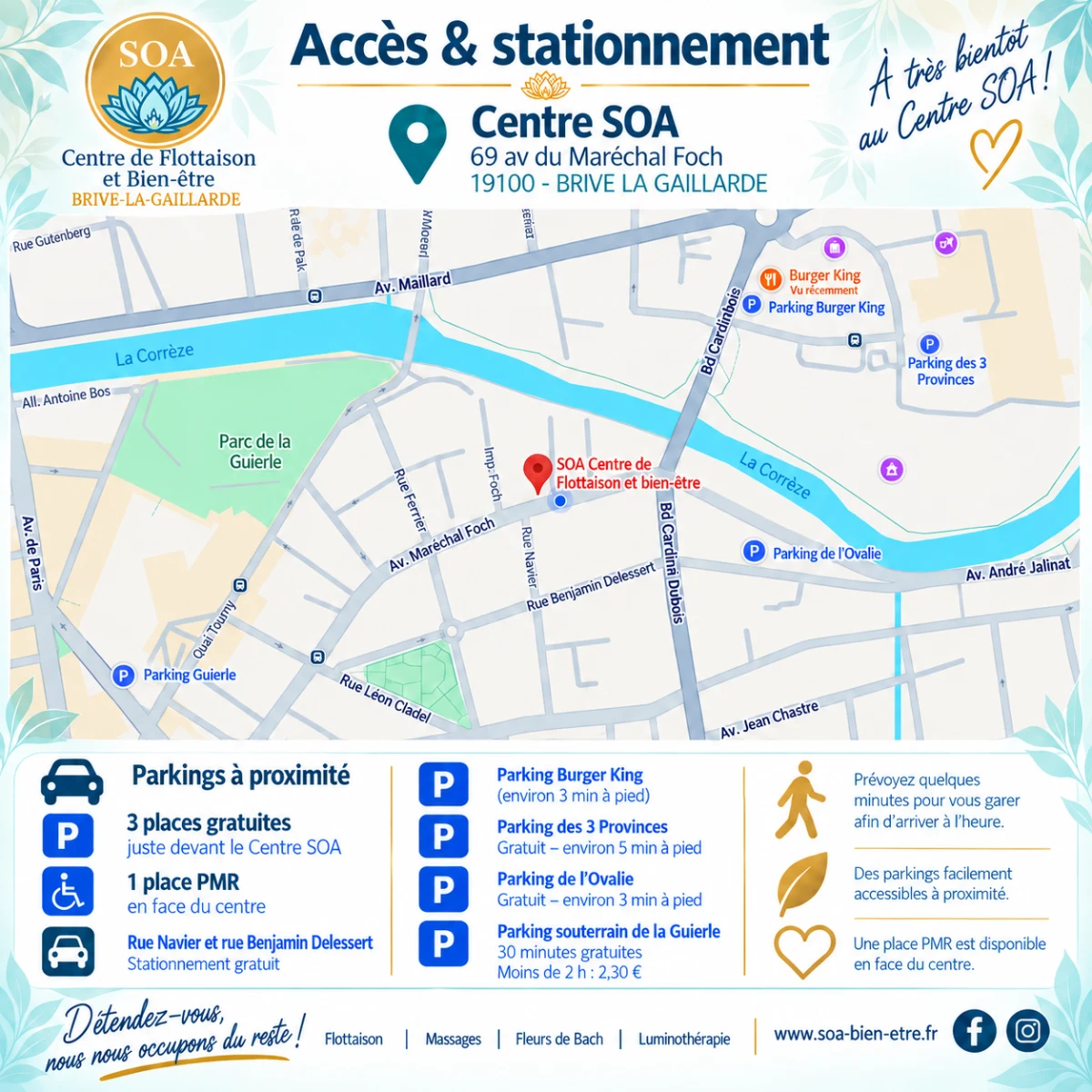 Accès et stationnement – Centre SOA, 69 avenue Foch, Brive-la-Gaillarde